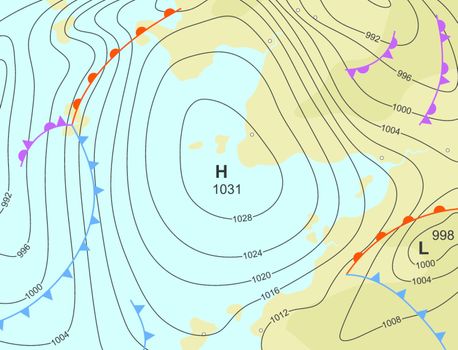 Editable vector illustration of a generic weather map showing a high pressure system