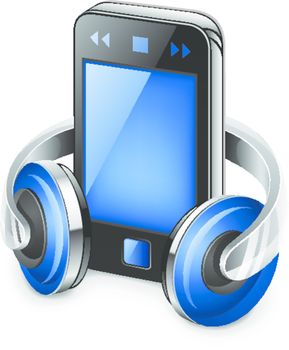 Vector illustration of personal media player with headphones on white background