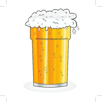 Pint of beer with froth hanging over edge of glass in cartoon style. Isolated on white.