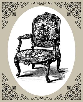 Vector illustration of antique baroque armchair, damask chair with oval frame