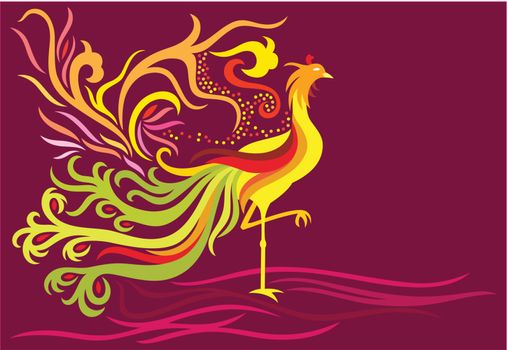  a decorative phoenix with feather flowing high and in flame facing the right side.