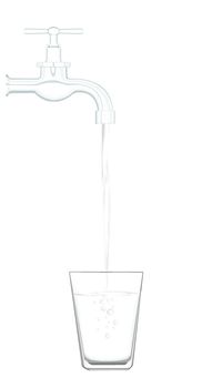a water tap with realistic flowing water, filling up a glass on a white background