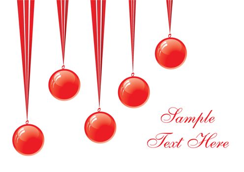 red Christmas balls hanging over white background with copy space, vector illustration