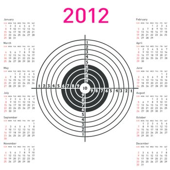 calendar with target for shooting practice at a shooting range with a pistol for 2012. Week starts on Sunday.