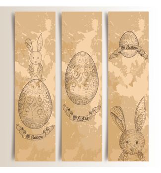 Retro hand drawn Easter bunny banners set. EPS10 file version. This illustration contains transparencies and is layered for easy manipulation and custom coloring