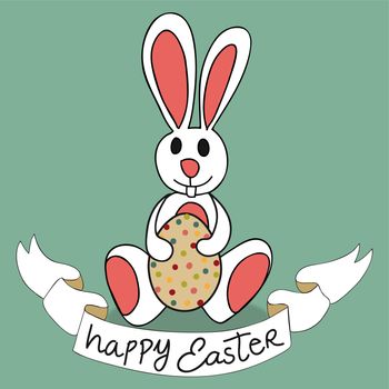 Cartoon Easter bunny with decorative egg and ribbon. EPS10 file version. This illustration contains transparencies and is layered for easy manipulation and custom coloring