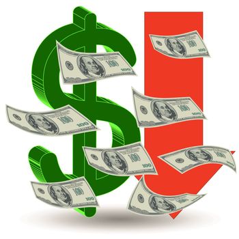 Crisis finance - the dollar symbol arrow downward - devaluation money - symbolizing the bankruptcy or devaluation of money
