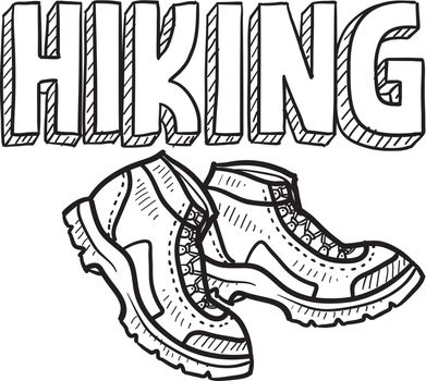 Doodle style hiking outdoor sports illustration. Includes text and hiking boots.