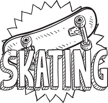 Doodle style skateboarding illustration in vector format. Includes text and skateboard.