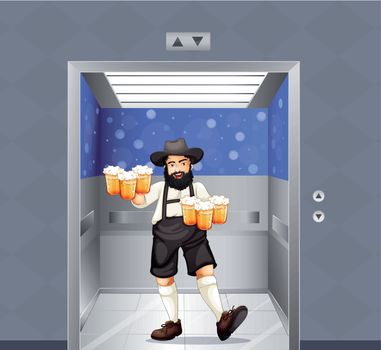 Illustration of a waiter with mug of beers at the elevator
