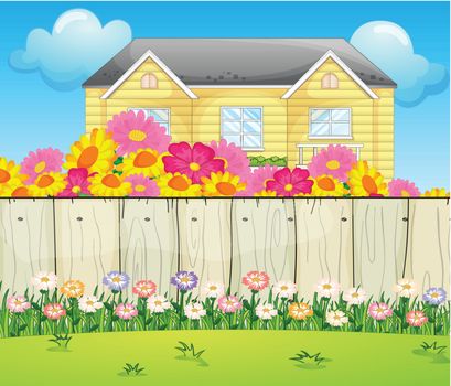 Illustration of a house surrounded with colorful flowers