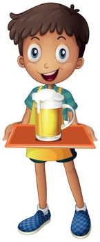 Illustration of a young boy holding a tray with a mug of beer on a white background