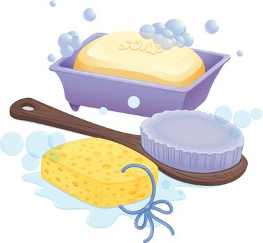 Illustration of a sponge, a brush and a soap on a white background
