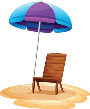 Illustration of a stripe beach umbrella and a wooden chair on a white background