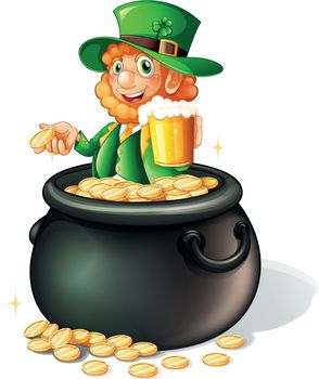Illustration of a pot with coins and an old man with a mug of beer on a white background