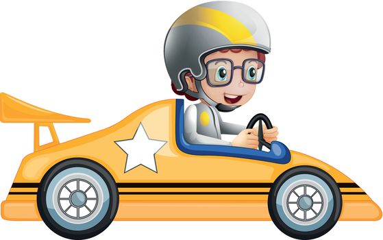 Illustration of a girl in her yellow racing car on a white background