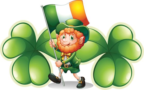 Illustration of a man with a flag in front of the two big clover plants on a white background