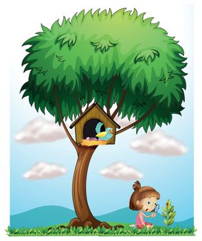 Illustration of a girl with a magnifying lens under a big tree on a white background