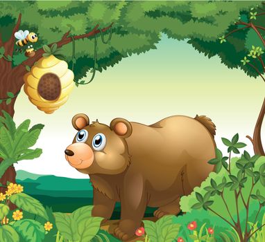 Illustration of a big brown bear staring at the beehive