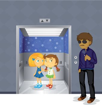 Illustration of the young girls inside the elevator and a scary man outside