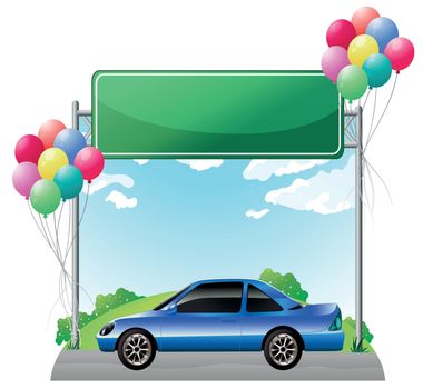 Illustration of a green empty signage above a blue tinted car on a white background