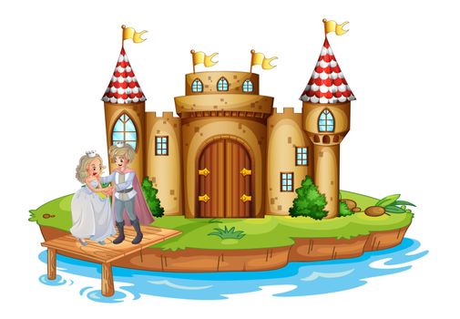 Illustration of a prince and a princess at the wooden bridge near the castle on a white background