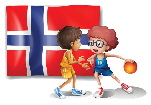 Illustration of the basketball players in front of the flag of Norway on a white background