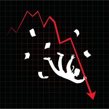 Businessman falls down alongside the lowering stock chart