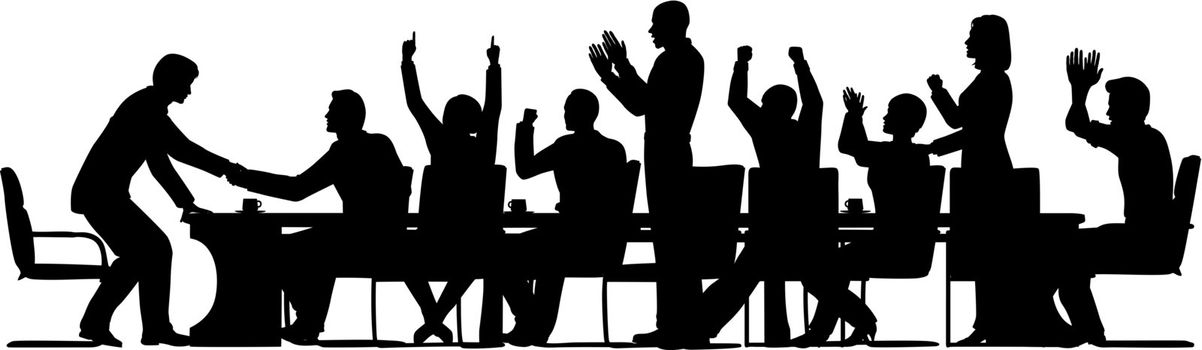 Editable vector silhouettes of business people celebrating at a meeting with all elements as separate objects