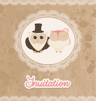 Retro grunge wedding invitation with lace and owls.