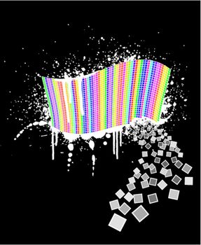 Vector illustration of a wavy rainbow wall full of squares with black ink splatter below it and white paint over it. Little squares falling away. Black background.