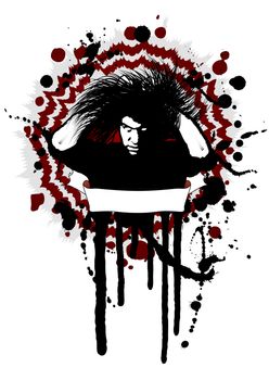 Vector illustration in grunge style with splatters of a dangerous horryfing man with white eyes and empty banner for custom text. Easily editable.