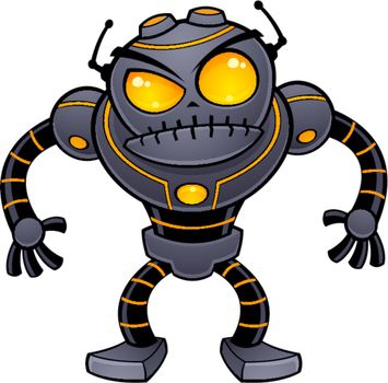 Vector cartoon illustration of an angry robot getting ready for battle. This mean and nasty robot is dark gray with orange eyes and highlights.