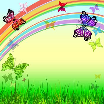 Spring vivid frame with meadow, rainbow and butterflies (vector EPS 10)