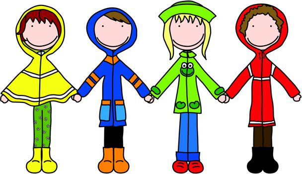 Illustration of four in raincoats kids holding hands