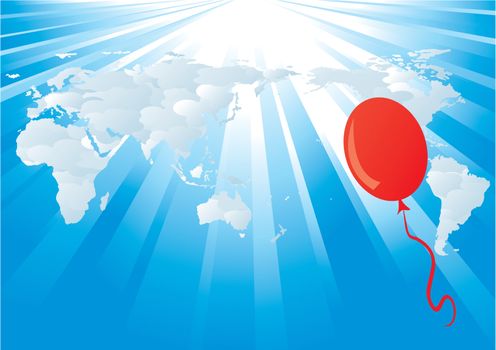 vector world map background with rays and balloon