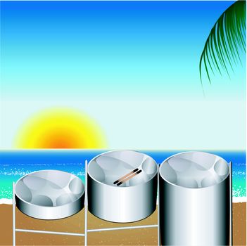 Vector Illustration of three variations of Steel Pan Drums on the beach invented in Trinidad and Tobago.