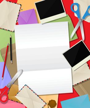 Abstract art composition with colored mail envelopes and paper.