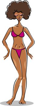 Cartoon Illustration of Cute Pretty Woman in Bikini or Swimsuit or Bathing Costume