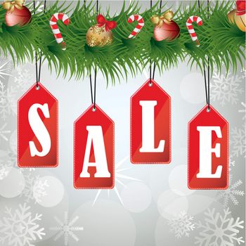 Christmas sales background with a wreath hanging labels