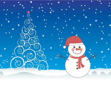 Merry Christmas card with snowman over sky and tree background