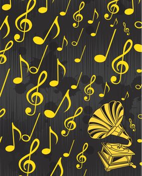 gramophone musical over yellow notes background. Vector illustration