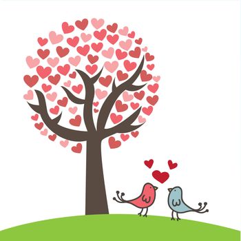 Love card with two birds and hearts over white background 