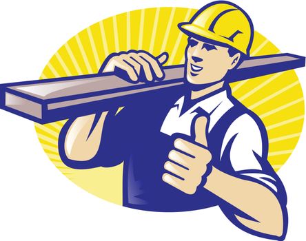 Illustration of a carpenter lumberyard worker carrying plank of wood timber with thumbs up done in retro style