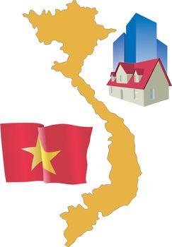 symbolic illustration of hotel on map with national flag