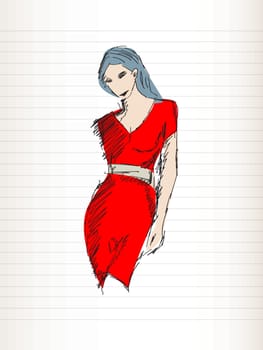 Sketch of a woman in red dress