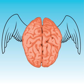 Flight of the imagination depicted with wings on brain