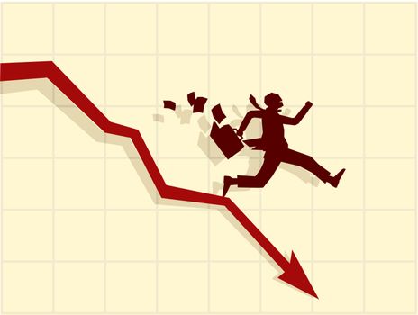 Vector concept of financial crisis, businessman on red arrow