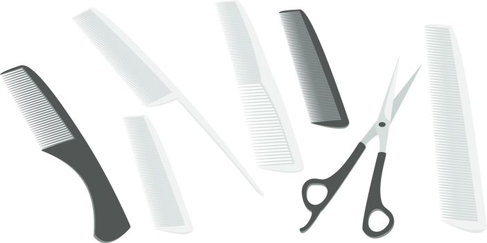 A set used by barbers and hair stylists. Hairdressing scissors and combs are many different on a white background. (made in Abode Illustrator 8  eps)