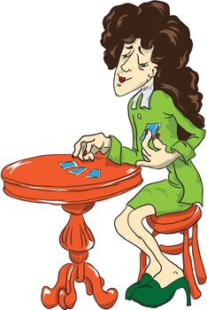 Fortune Teller at the card table with the cards. Vector illustration.